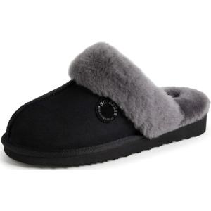 Fireside by Dearfoams Women’s Fireside Sydney Shearling Fur Indoor/Outdoor Scuff Slipper With Wide Widths(Black/Grey Fur)