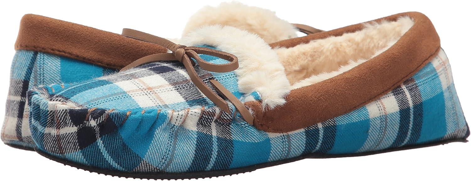 imageDearfoams UnisexAdult Mixed Material Moccasin WomensBlue Plaid