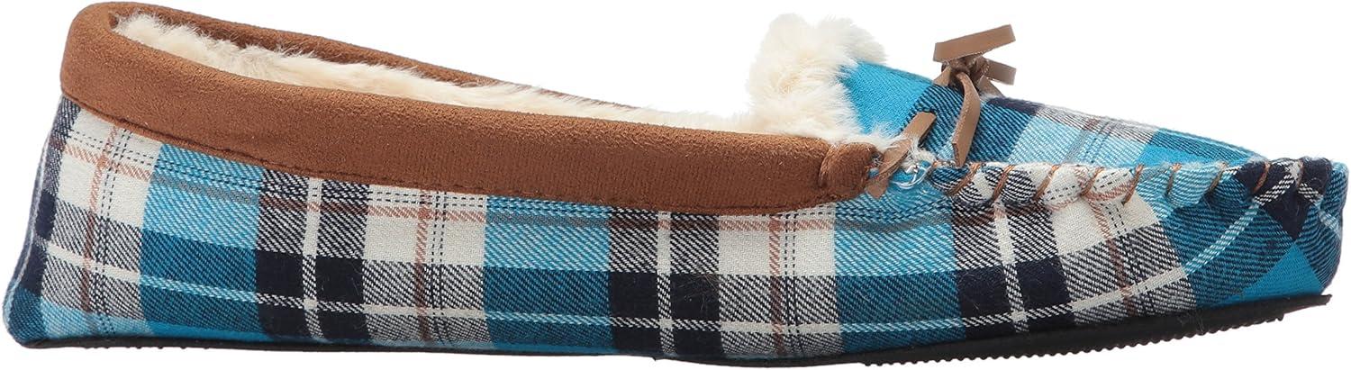 imageDearfoams UnisexAdult Mixed Material Moccasin WomensBlue Plaid