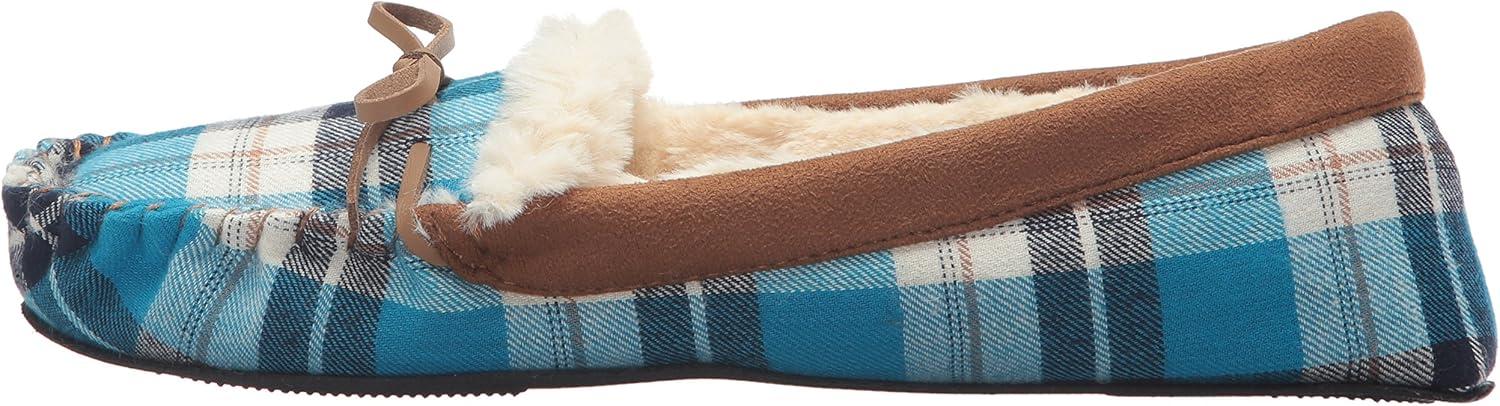 imageDearfoams UnisexAdult Mixed Material Moccasin WomensBlue Plaid