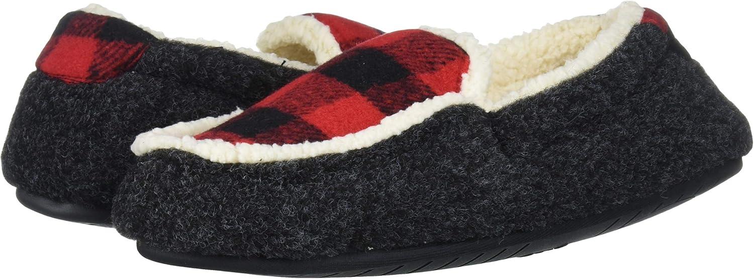 imageDearfoams UnisexBaby Hunter Kids Felted Microwool and Plaid Moccasin Slipper Black 78 Toddler Medium US Toddler