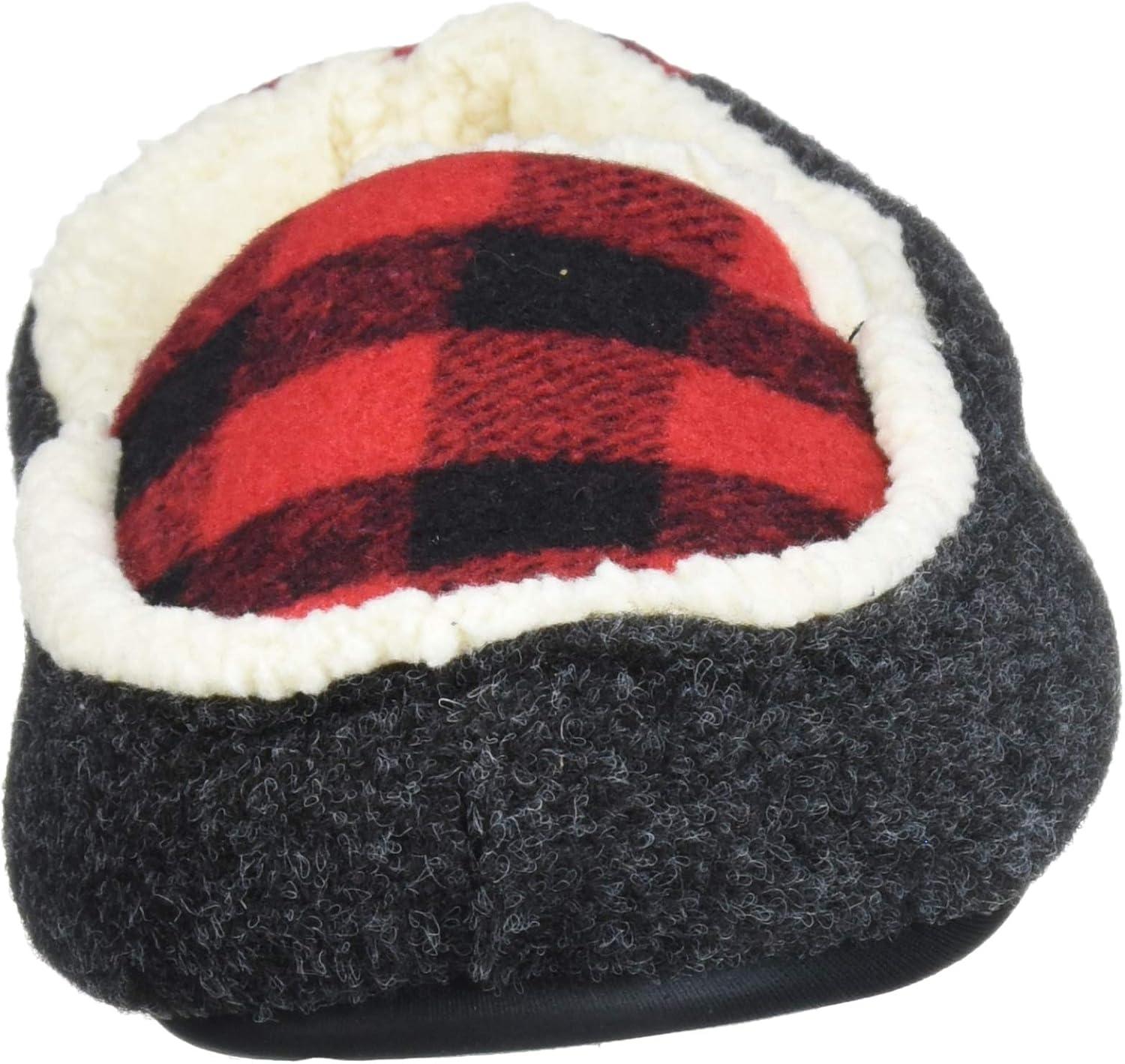imageDearfoams UnisexBaby Hunter Kids Felted Microwool and Plaid Moccasin Slipper Black 78 Toddler Medium US Toddler