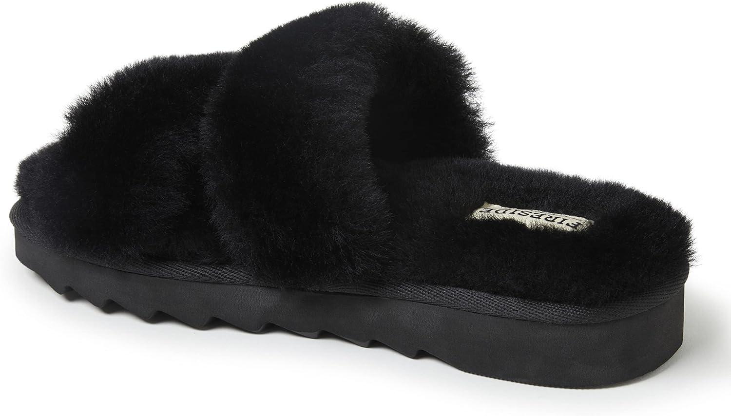 imageDearfoams Womens Fireside Benalla All Over Shearling Double Band Easy OnOff Slide SlipperBlack