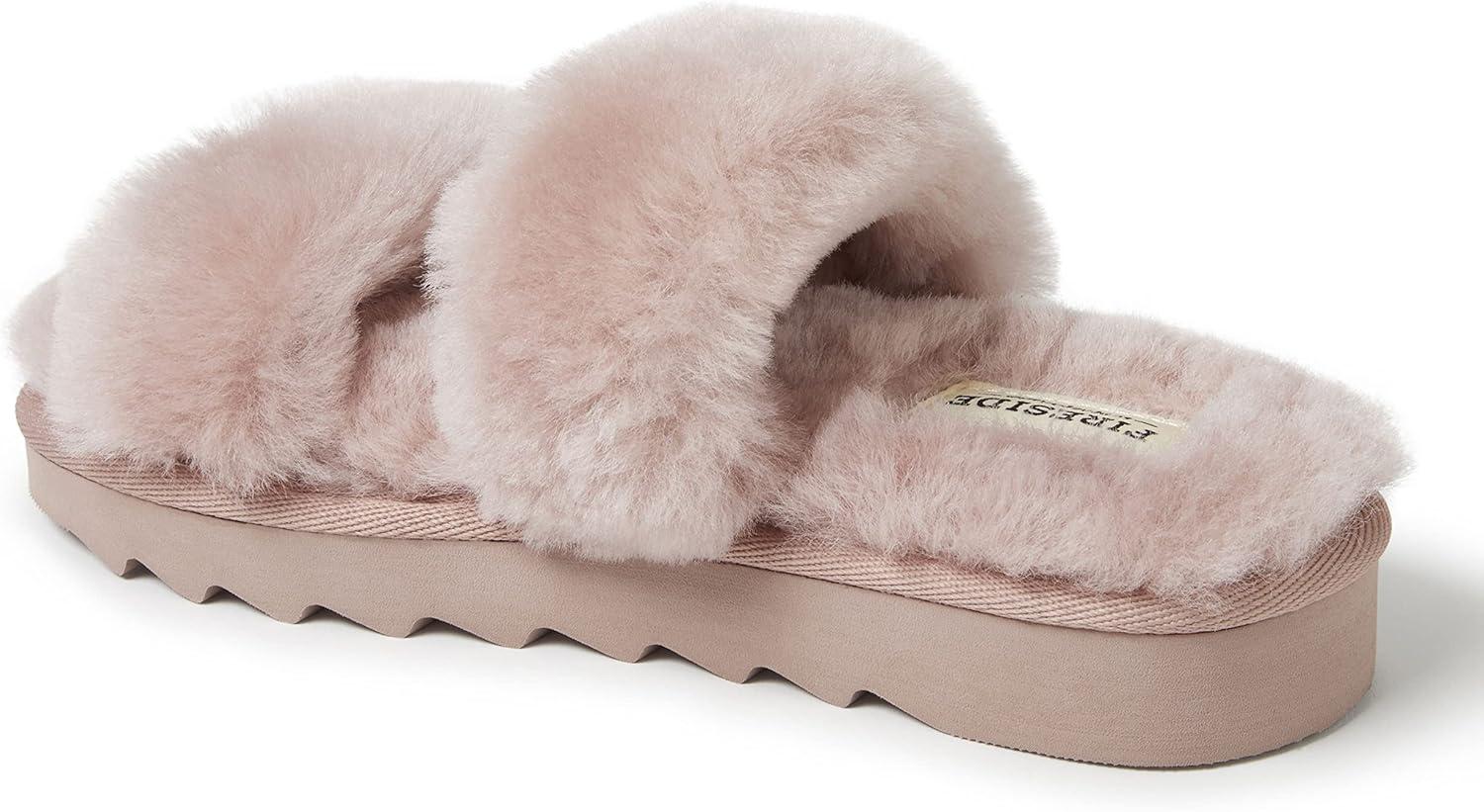 imageDearfoams Womens Fireside Benalla All Over Shearling Double Band Easy OnOff Slide SlipperDusty Pink