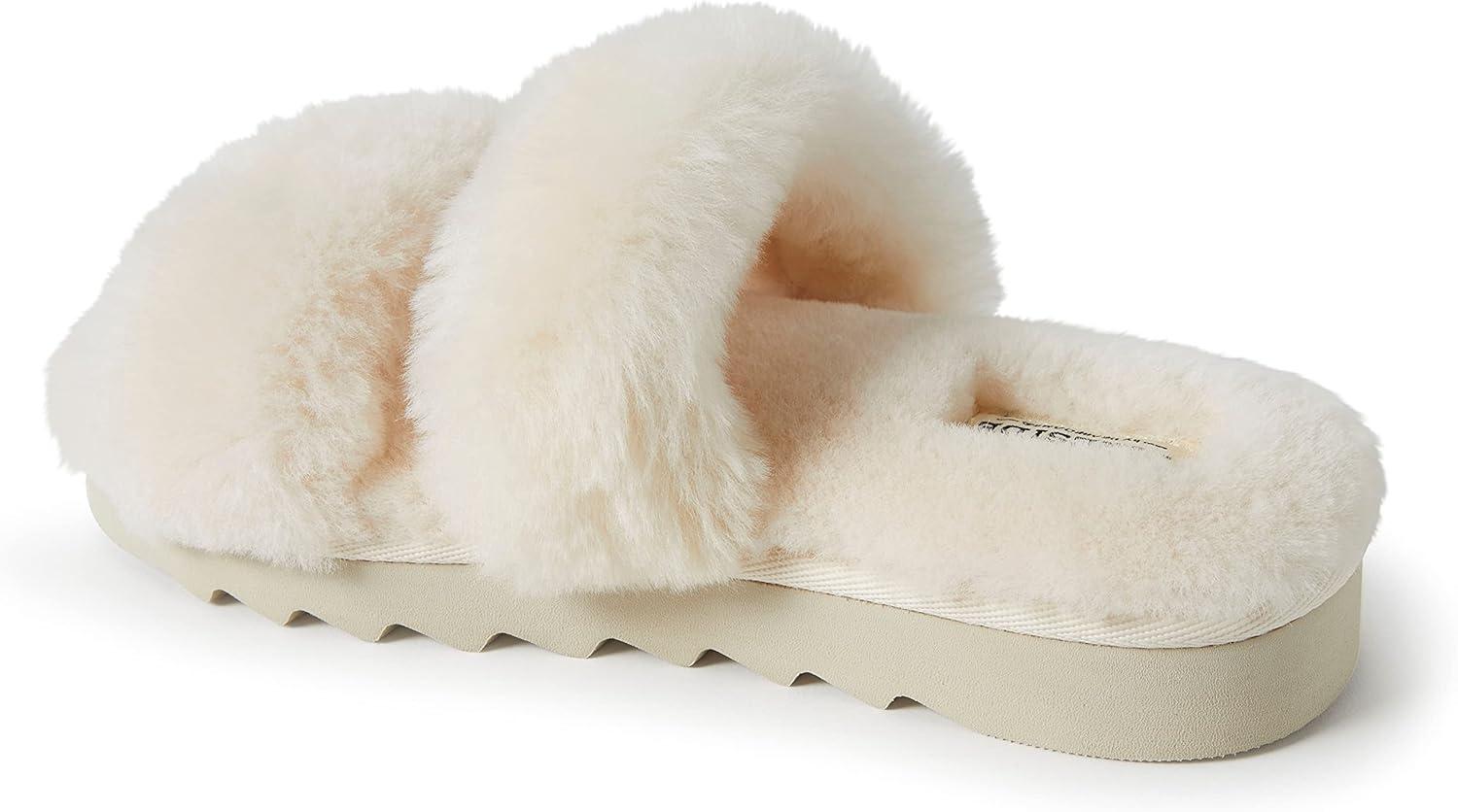 imageDearfoams Womens Fireside Benalla All Over Shearling Double Band Easy OnOff Slide SlipperNatural