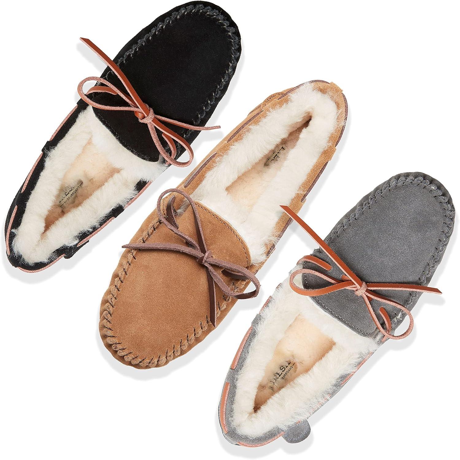 imageDearfoams Womens Fireside Water Resistant Shearling Victoria Moc with Tie SlipperBlack
