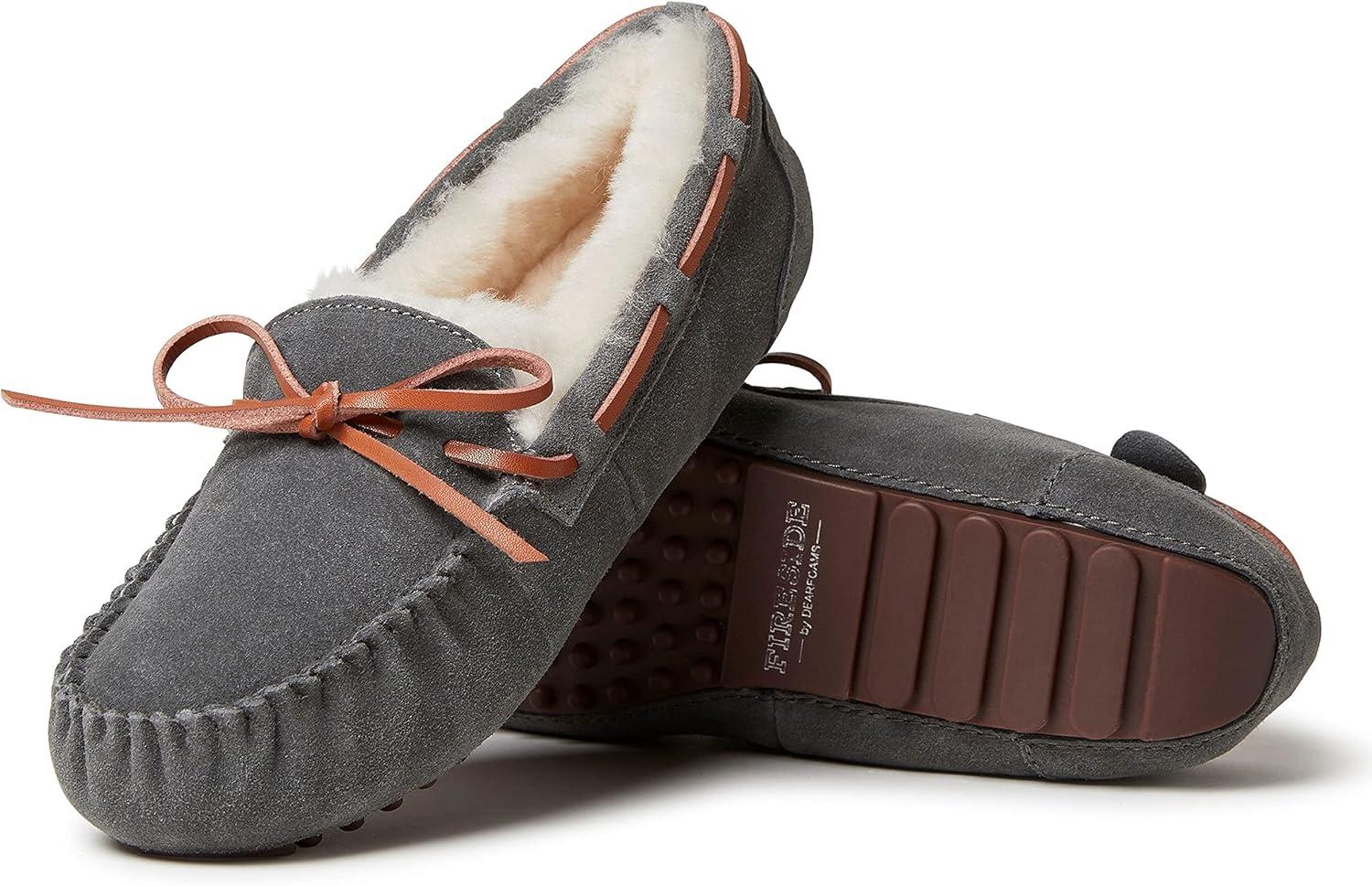 imageDearfoams Womens Fireside Water Resistant Shearling Victoria Moc with Tie SlipperGrey
