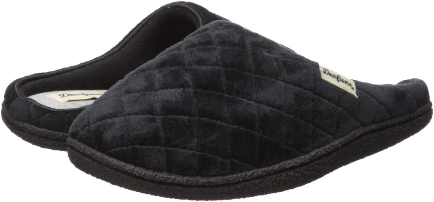 imageDearfoams Womens Memory Foam Indoor House Slippers Leslie Terry Clog House Shoes with Wide WidthsBlack Velour