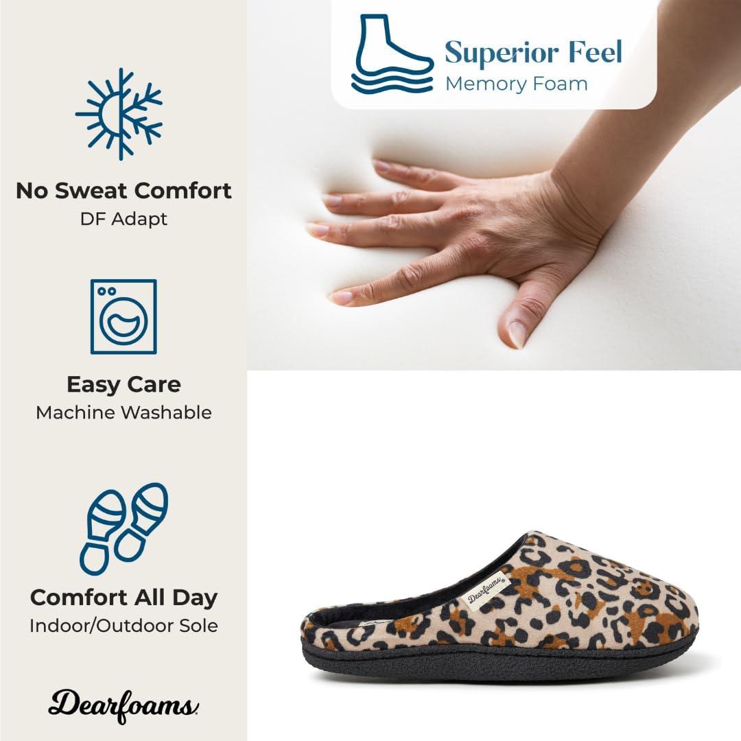imageDearfoams Womens Memory Foam Indoor House Slippers Leslie Terry Clog House Shoes with Wide WidthsLeopard Velour