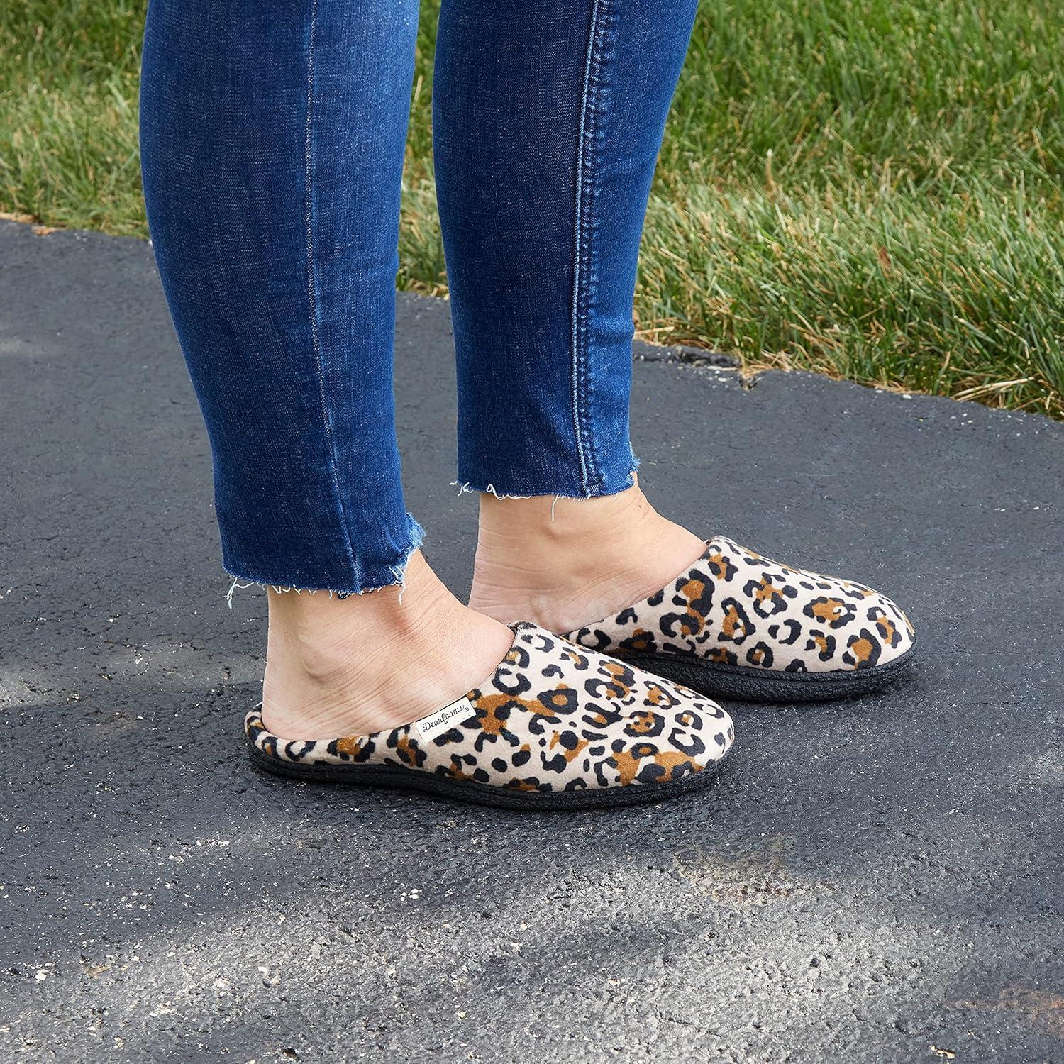 imageDearfoams Womens Memory Foam Indoor House Slippers Leslie Terry Clog House Shoes with Wide WidthsLeopard Velour