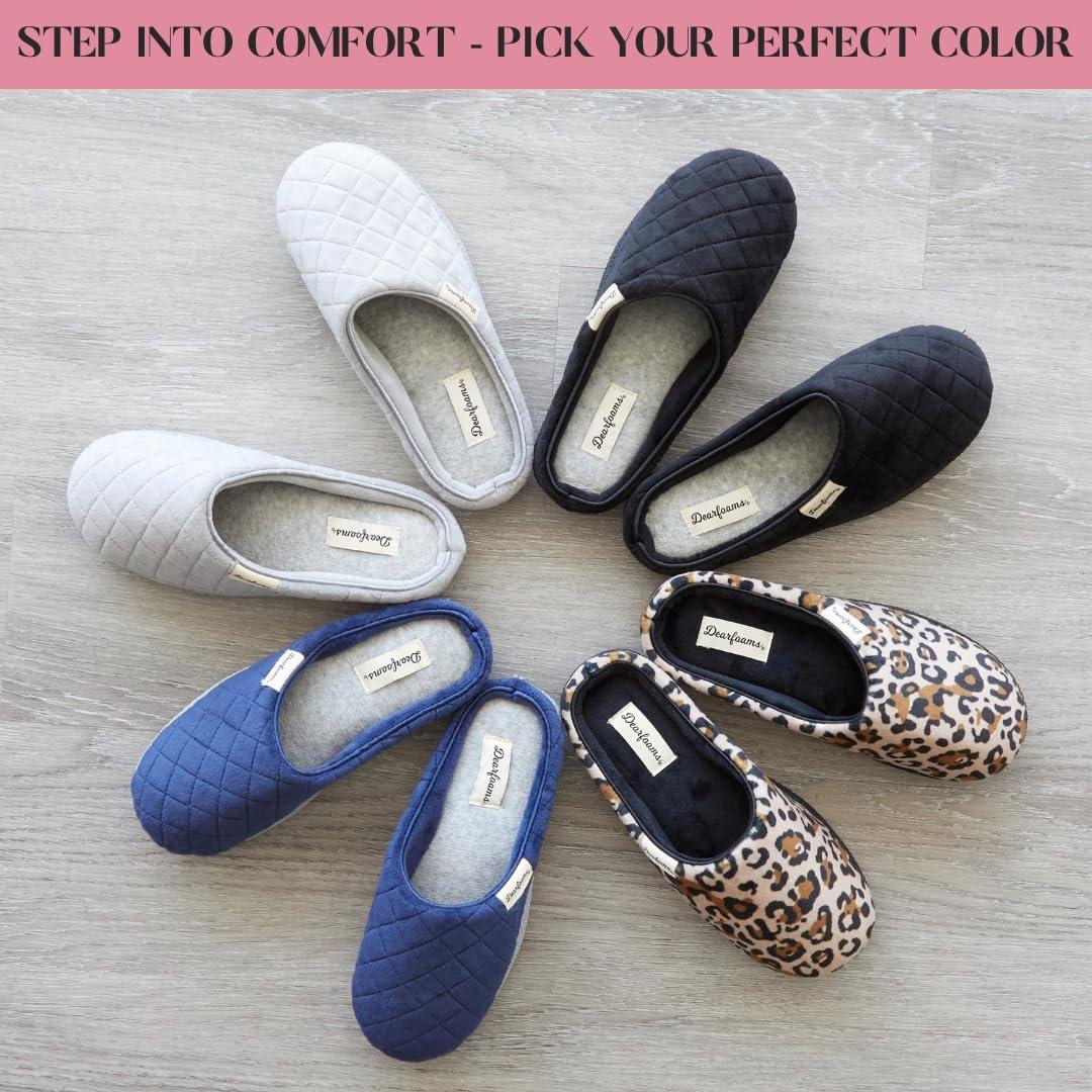 imageDearfoams Womens Memory Foam Indoor House Slippers Leslie Terry Clog House Shoes with Wide WidthsLeopard Velour