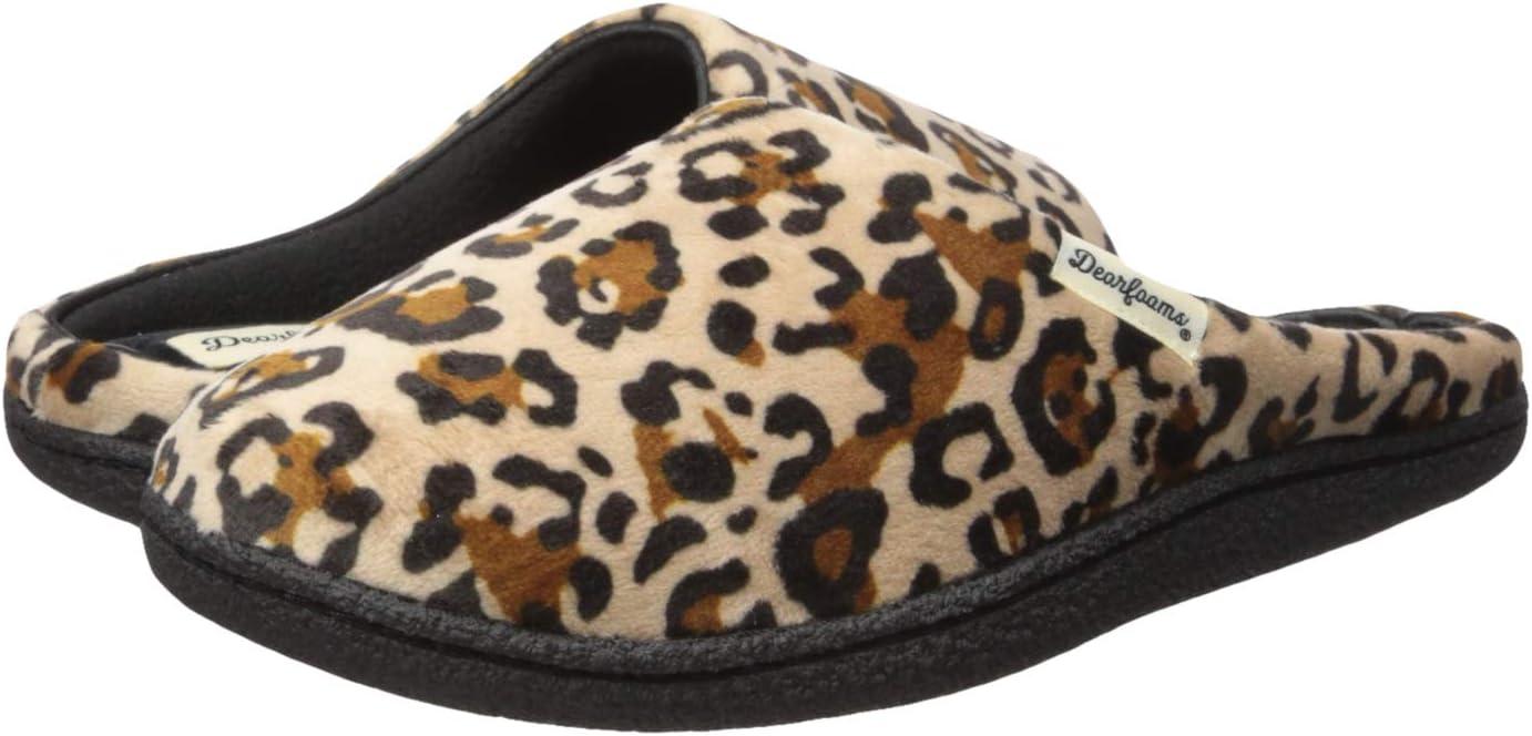 imageDearfoams Womens Memory Foam Indoor House Slippers Leslie Terry Clog House Shoes with Wide WidthsLeopard Velour