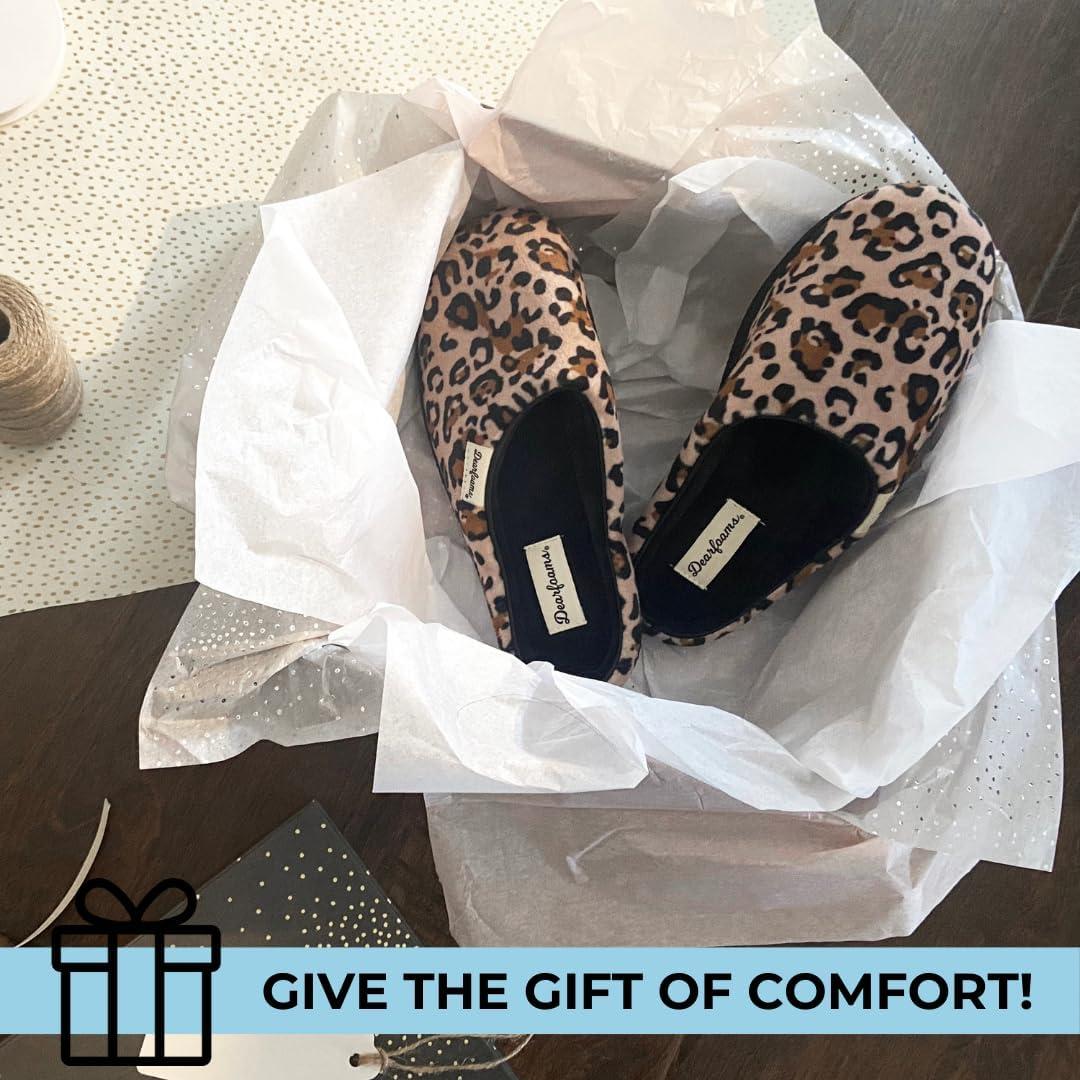 imageDearfoams Womens Memory Foam Indoor House Slippers Leslie Terry Clog House Shoes with Wide WidthsLeopard Velour
