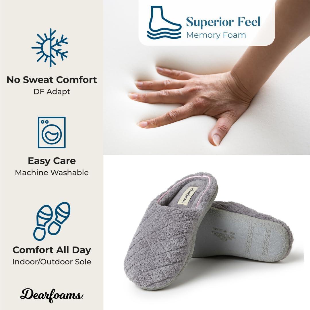 imageDearfoams Womens Memory Foam Indoor House Slippers Leslie Terry Clog House Shoes with Wide WidthsMedium Grey Terry