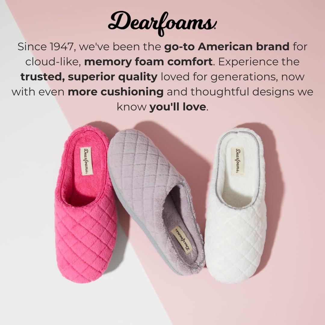 imageDearfoams Womens Memory Foam Indoor House Slippers Leslie Terry Clog House Shoes with Wide WidthsMedium Grey Terry