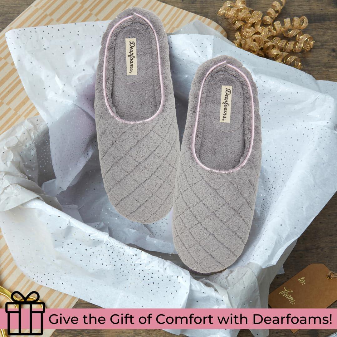 imageDearfoams Womens Memory Foam Indoor House Slippers Leslie Terry Clog House Shoes with Wide WidthsMedium Grey Terry