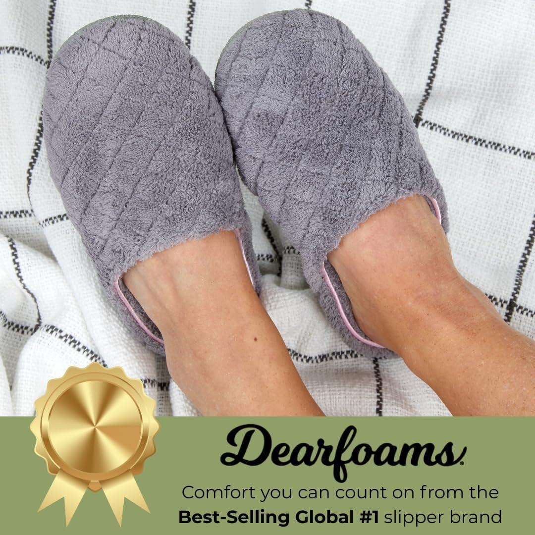 imageDearfoams Womens Memory Foam Indoor House Slippers Leslie Terry Clog House Shoes with Wide WidthsMedium Grey Terry