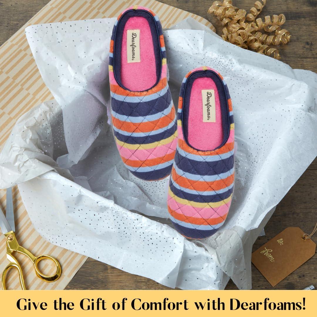 imageDearfoams Womens Memory Foam Indoor House Slippers Leslie Terry Clog House Shoes with Wide WidthsMulti Stripes Terry