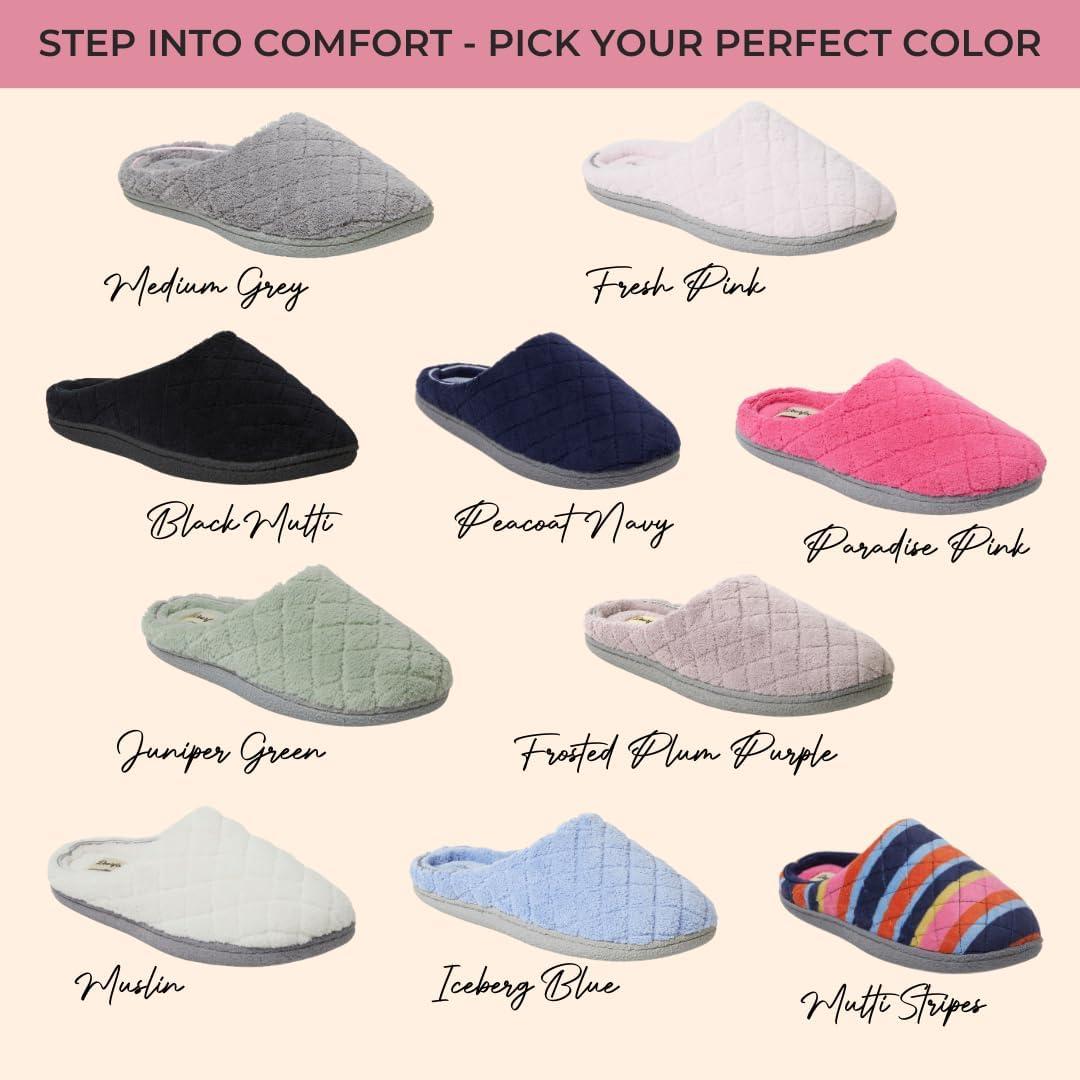 imageDearfoams Womens Memory Foam Indoor House Slippers Leslie Terry Clog House Shoes with Wide WidthsMulti Stripes Terry
