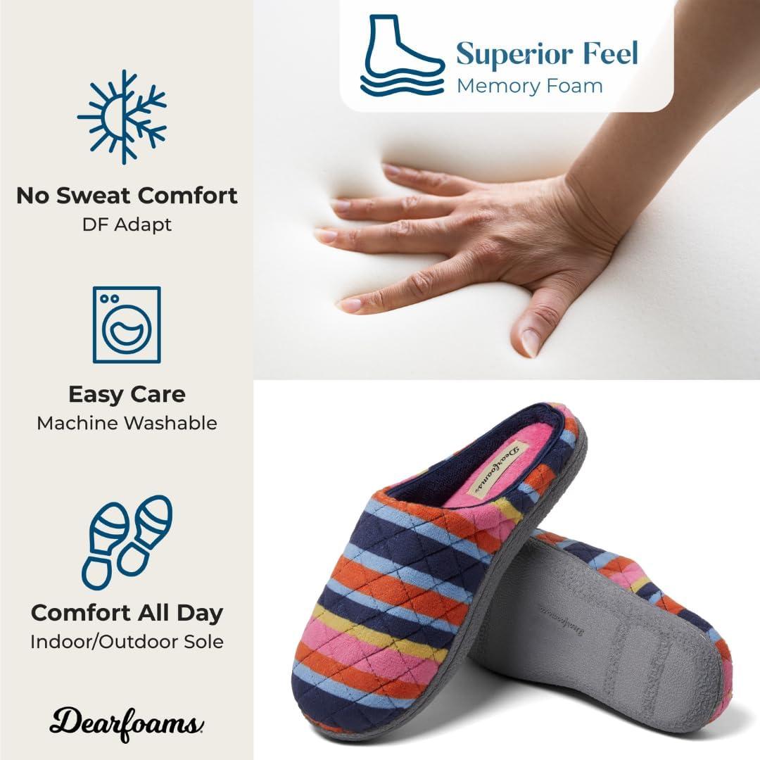 imageDearfoams Womens Memory Foam Indoor House Slippers Leslie Terry Clog House Shoes with Wide WidthsMulti Stripes Terry