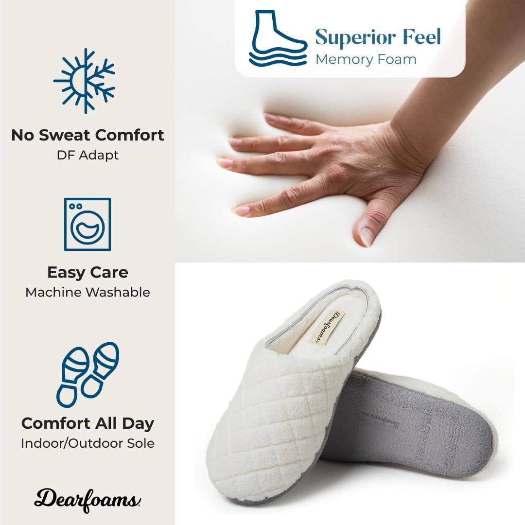 imageDearfoams Womens Memory Foam Indoor House Slippers Leslie Terry Clog House Shoes with Wide WidthsMuslin White Terry