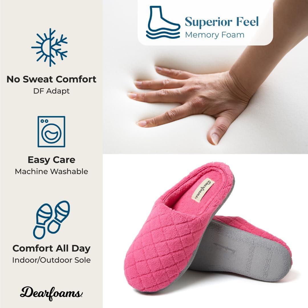 imageDearfoams Womens Memory Foam Indoor House Slippers Leslie Terry Clog House Shoes with Wide WidthsParadise Pink Terry
