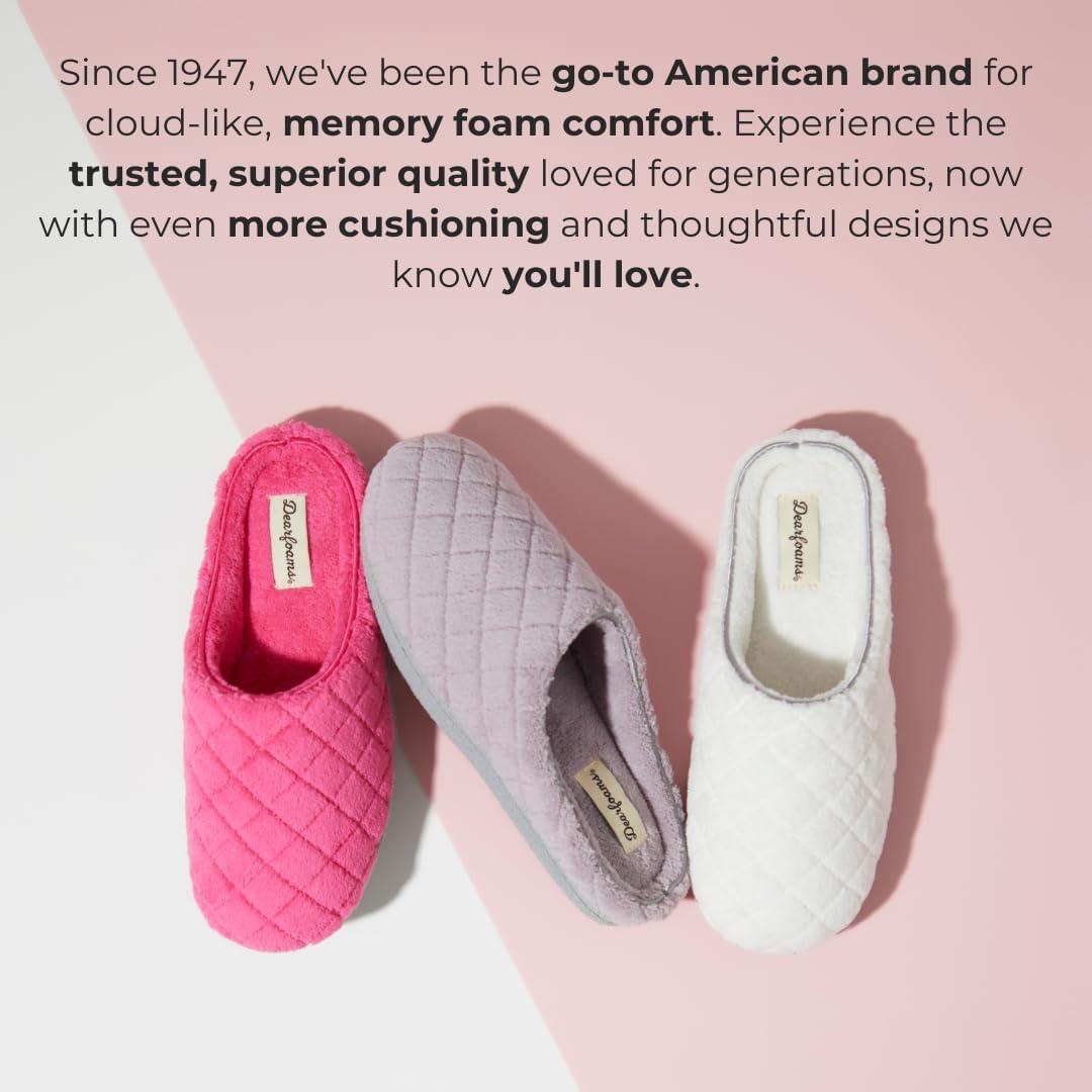 imageDearfoams Womens Memory Foam Indoor House Slippers Leslie Terry Clog House Shoes with Wide WidthsParadise Pink Terry