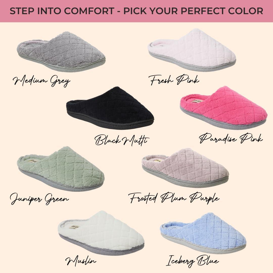 imageDearfoams Womens Memory Foam Indoor House Slippers Leslie Terry Clog House Shoes with Wide WidthsParadise Pink Terry