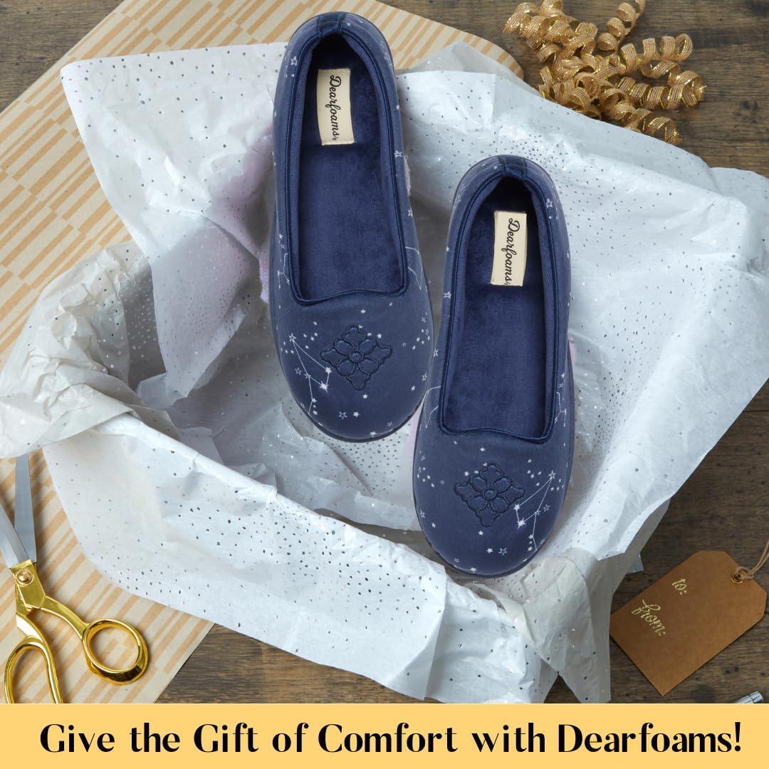 imageDearfoams Womens Rebecca Soft Memory Foam Lightweight House Shoes Cozy Loafer with Warm Lining and Wide Widths SlipperBlue Stary Night