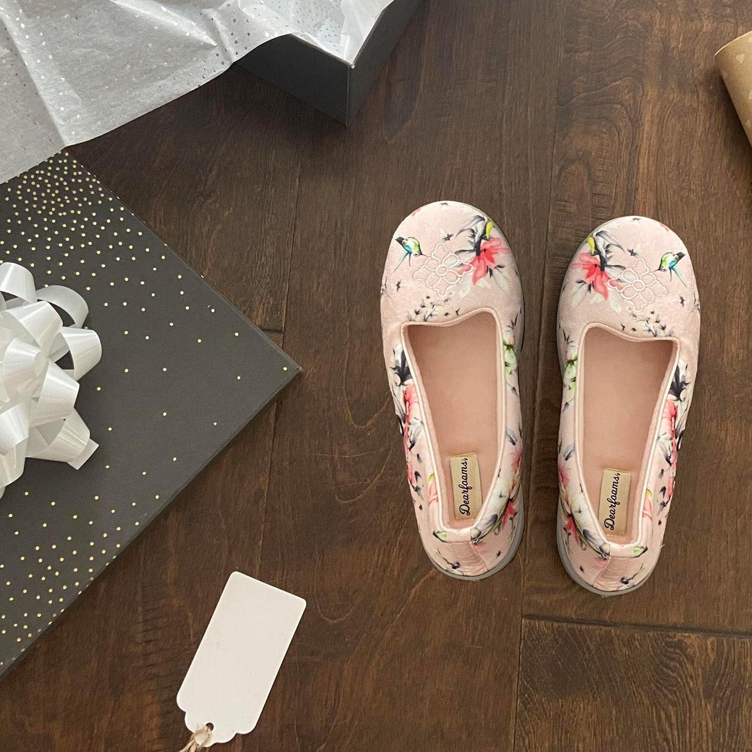 imageDearfoams Womens Rebecca Soft Memory Foam Lightweight House Shoes Cozy Loafer with Warm Lining and Wide Widths SlipperPink Floral Velour