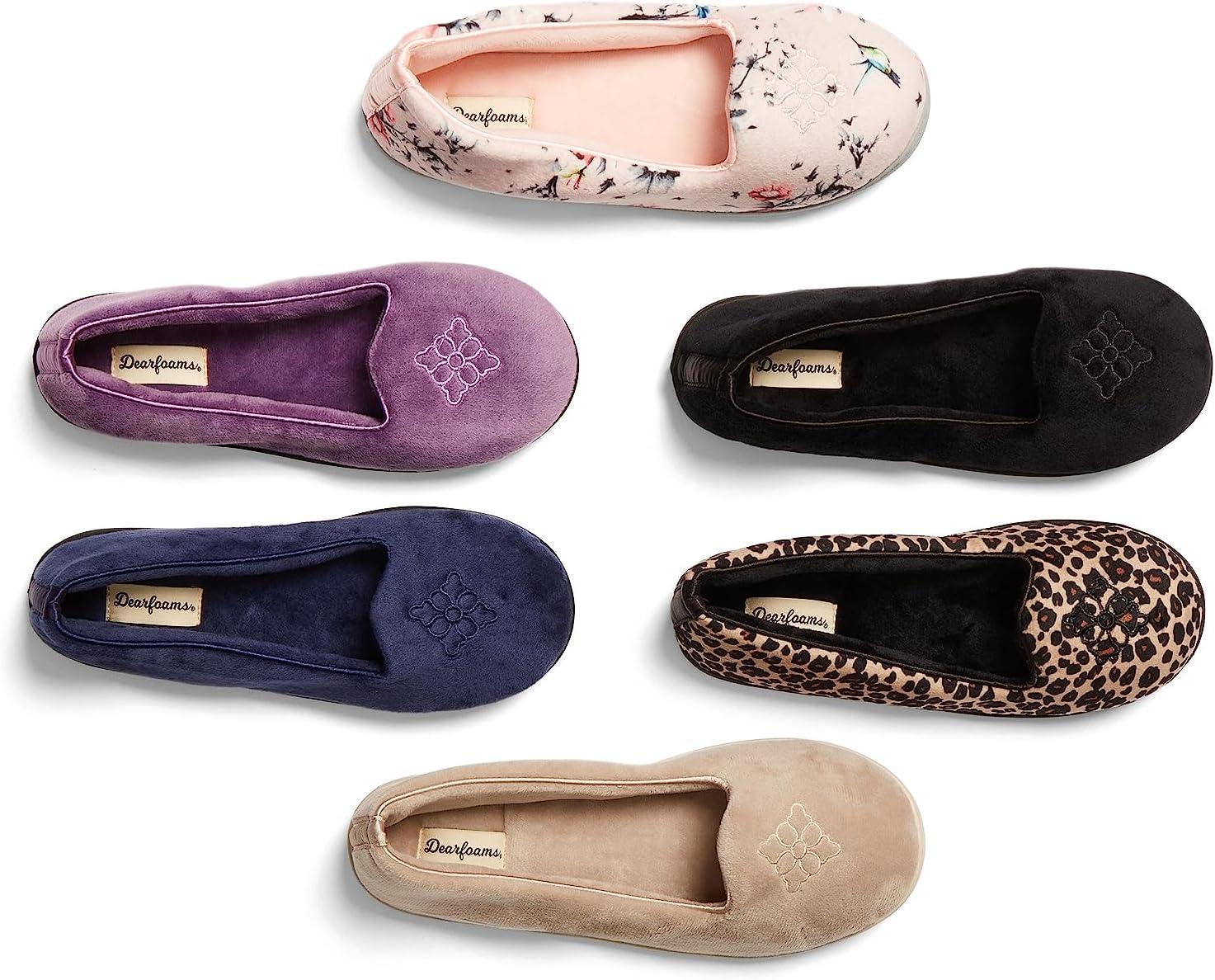 imageDearfoams Womens Rebecca Soft Memory Foam Lightweight House Shoes Cozy Loafer with Warm Lining and Wide Widths SlipperPink Floral Velour