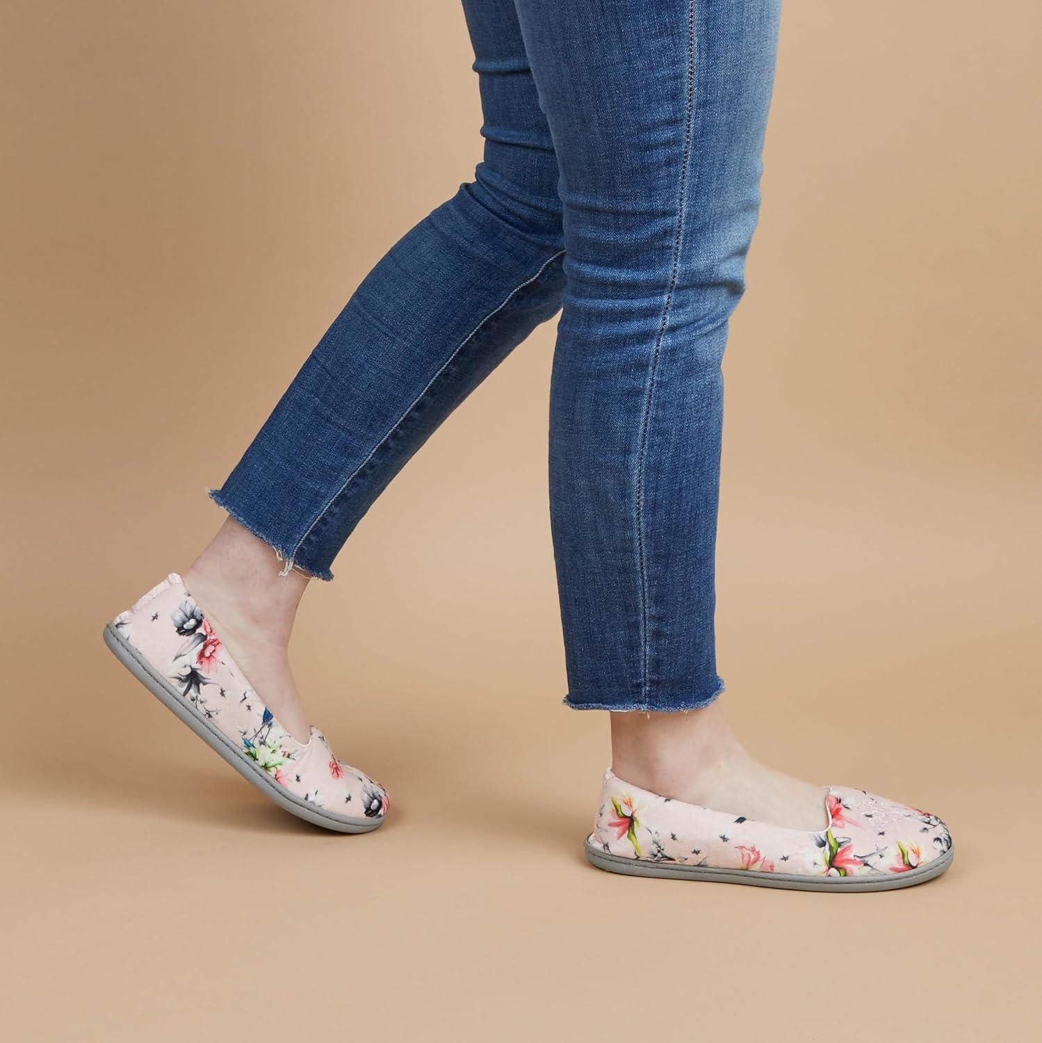 imageDearfoams Womens Rebecca Soft Memory Foam Lightweight House Shoes Cozy Loafer with Warm Lining and Wide Widths SlipperPink Floral Velour