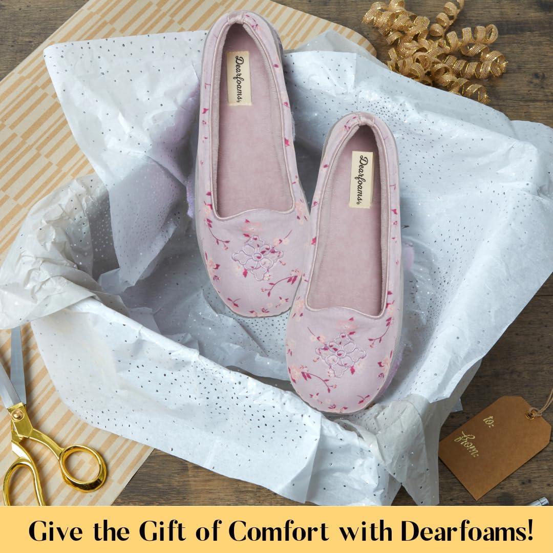 imageDearfoams Womens Rebecca Soft Memory Foam Lightweight House Shoes Cozy Loafer with Warm Lining and Wide Widths SlipperPurple Flowers