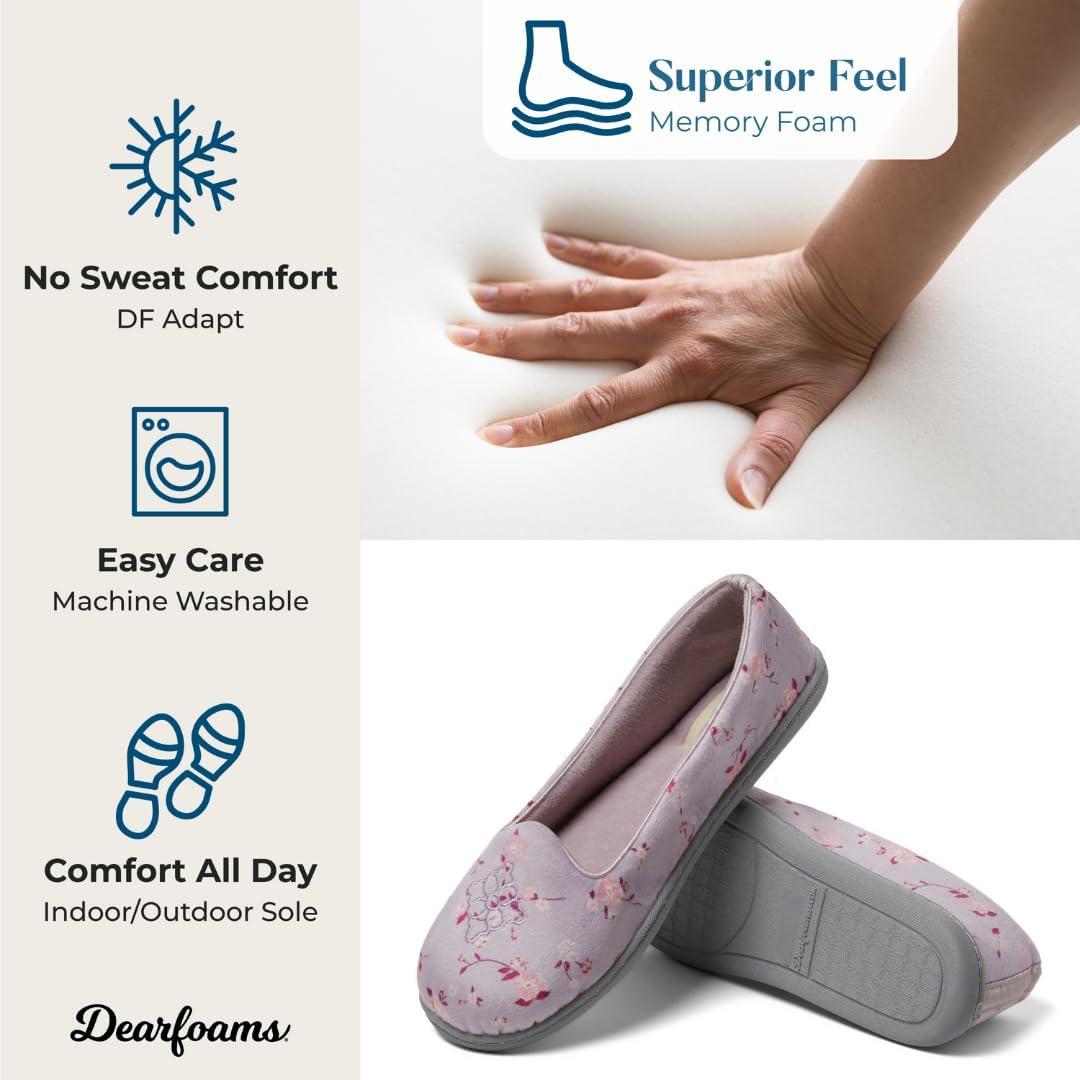imageDearfoams Womens Rebecca Soft Memory Foam Lightweight House Shoes Cozy Loafer with Warm Lining and Wide Widths SlipperPurple Flowers