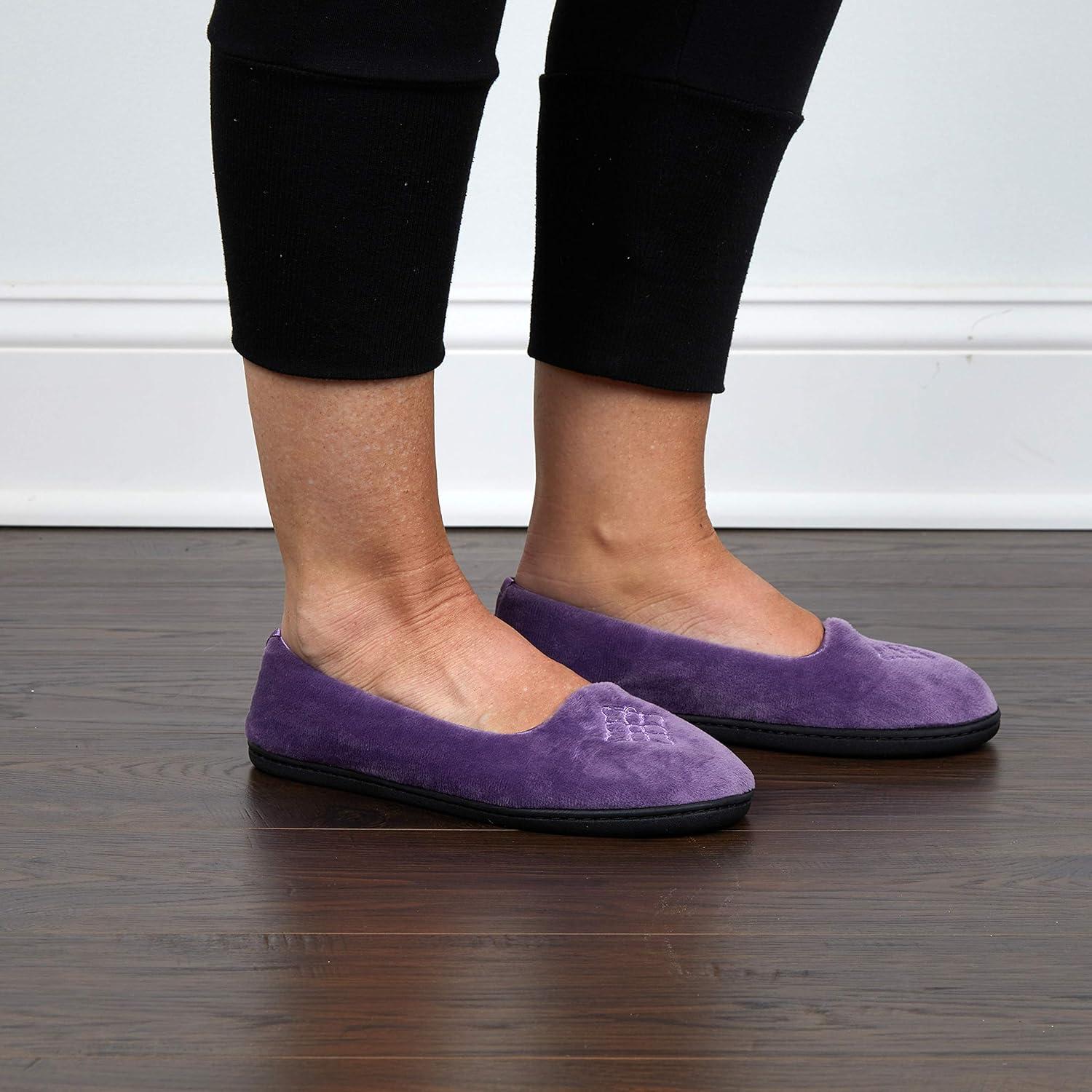 imageDearfoams Womens Rebecca Soft Memory Foam Lightweight House Shoes Cozy Loafer with Warm Lining and Wide Widths SlipperPurple Velour