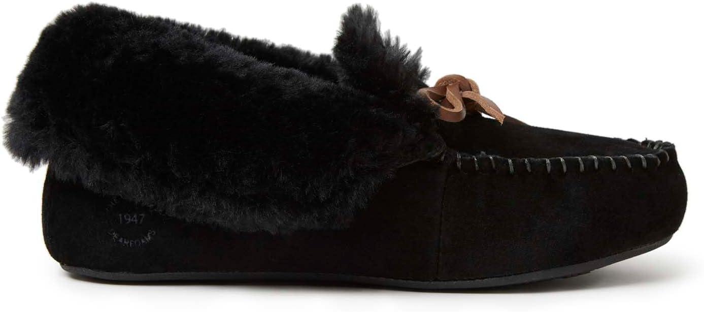 imageDearfoams Womens Suede Foldover Bootie Slipper with TieBlack