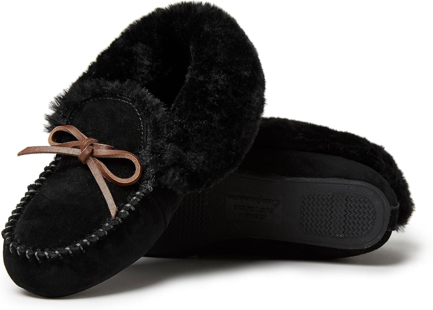 imageDearfoams Womens Suede Foldover Bootie Slipper with TieBlack