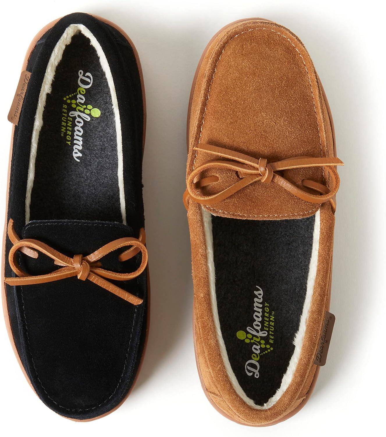 imageDearfoams Womens Wilmington Energy Return Comfort IndoorOutdoor Memory Foam Moccasin Slipper with TieBlack Suede