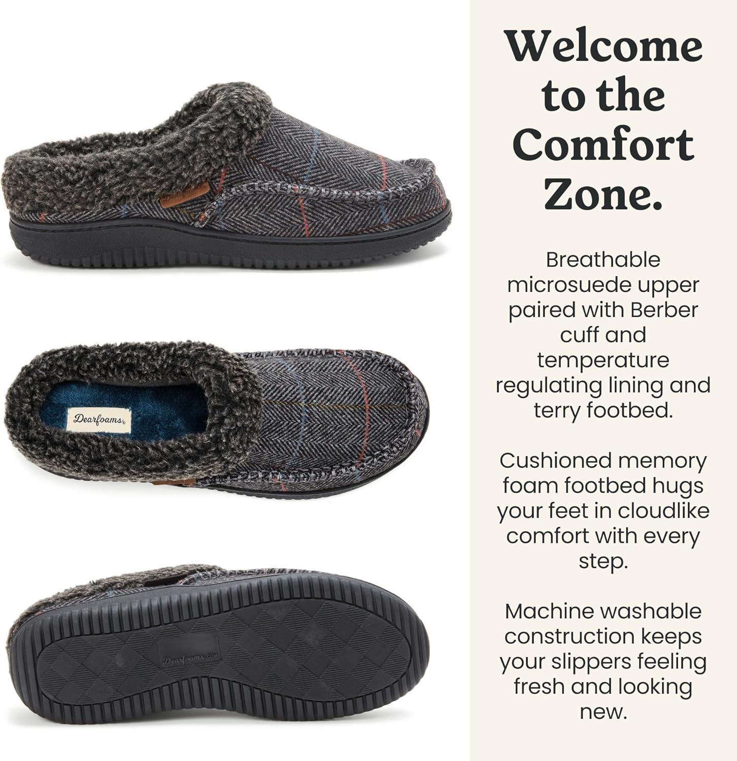 imageDearfoams mens Breathable Memory Foam Slip on Marshall Indoor House Shoe Moccasin SlipperGrey Plaid