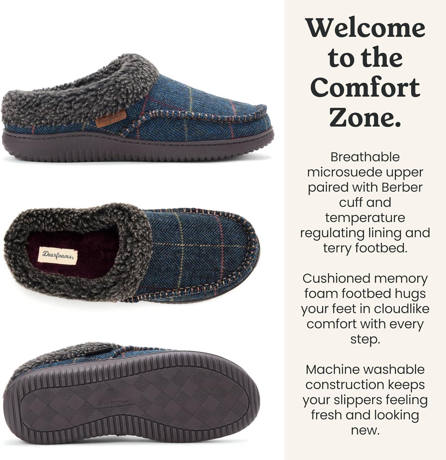 imageDearfoams mens Breathable Memory Foam Slip on Marshall Indoor House Shoe Moccasin SlipperNavy Plaid
