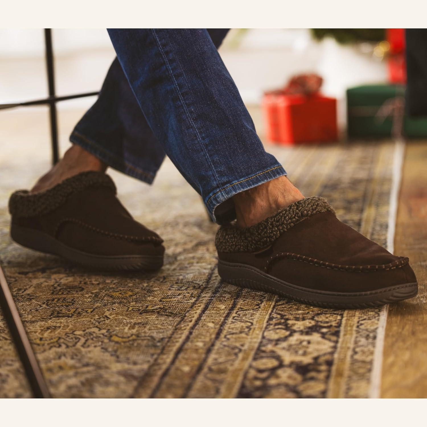 imageDearfoams mens Breathable Memory Foam Slip on Marshall Indoor House Shoe Moccasin SlipperNavy Plaid