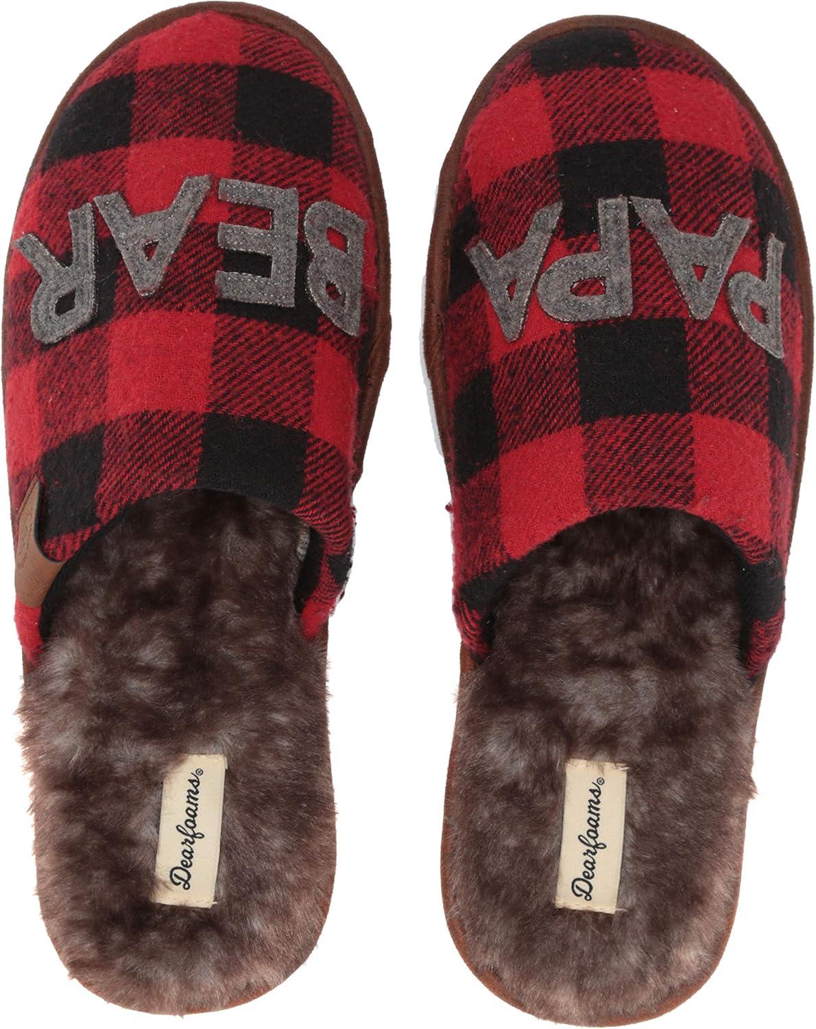 imageDearfoams mens Gifts for Dad Funny Fathers Day Papa Bear SlipperFurry Plaid