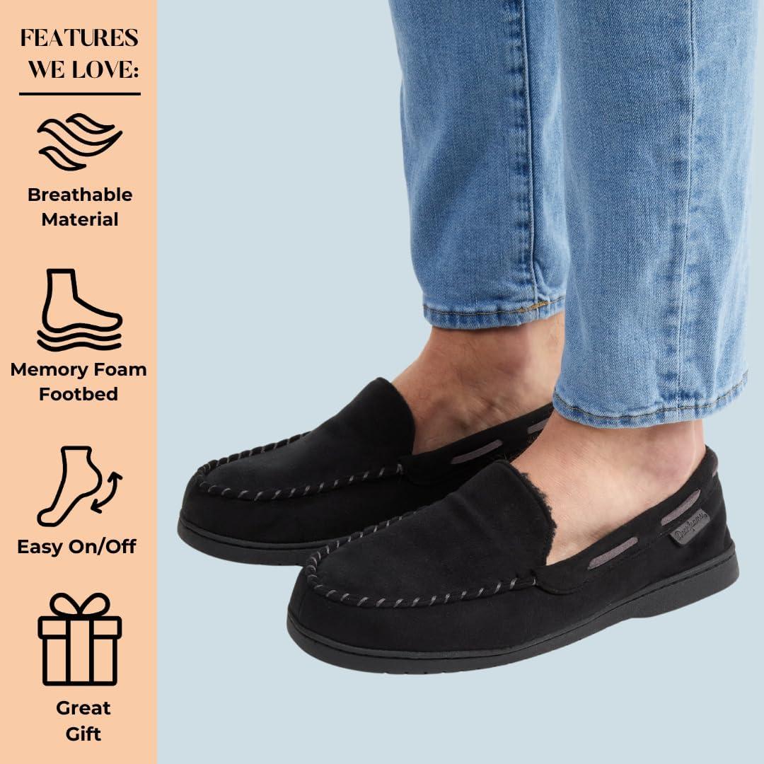 imageDearfoams mens Keaton Memory Foam Indoor Outdoor Moccasin With Wide Widths SlipperBlack Microsuede