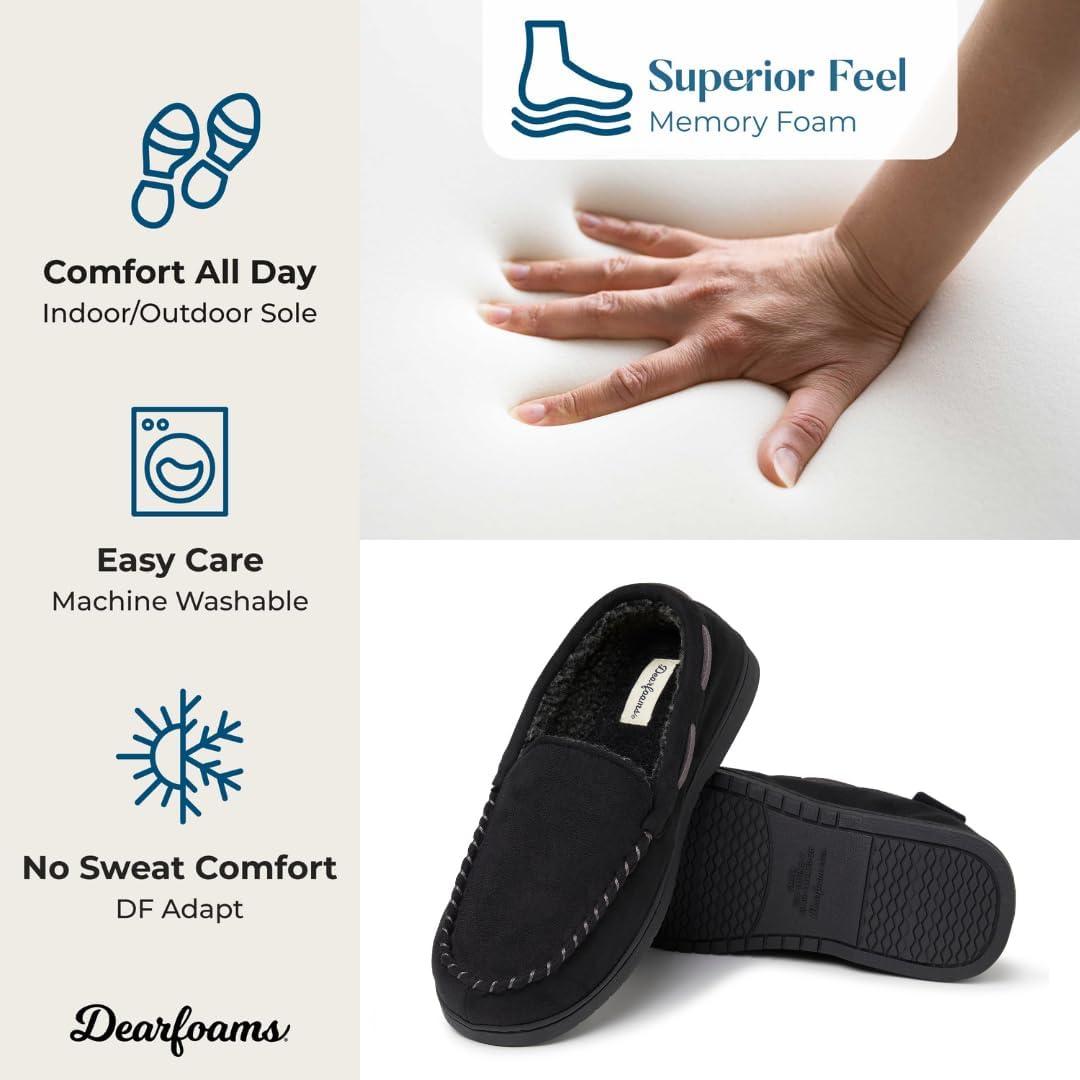 imageDearfoams mens Keaton Memory Foam Indoor Outdoor Moccasin With Wide Widths SlipperBlack Microsuede