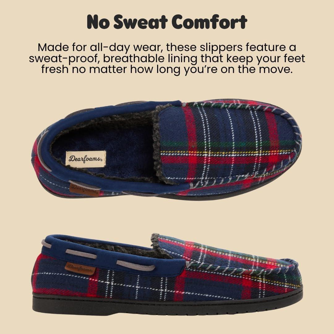imageDearfoams mens Keaton Memory Foam Indoor Outdoor Moccasin With Wide Widths SlipperBlue Plaid