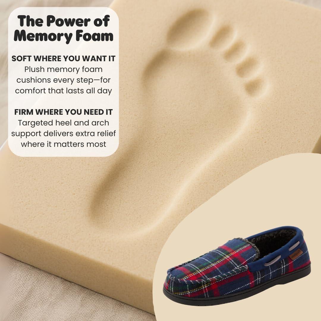 imageDearfoams mens Keaton Memory Foam Indoor Outdoor Moccasin With Wide Widths SlipperBlue Plaid