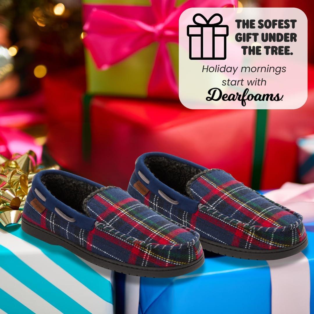 imageDearfoams mens Keaton Memory Foam Indoor Outdoor Moccasin With Wide Widths SlipperBlue Plaid