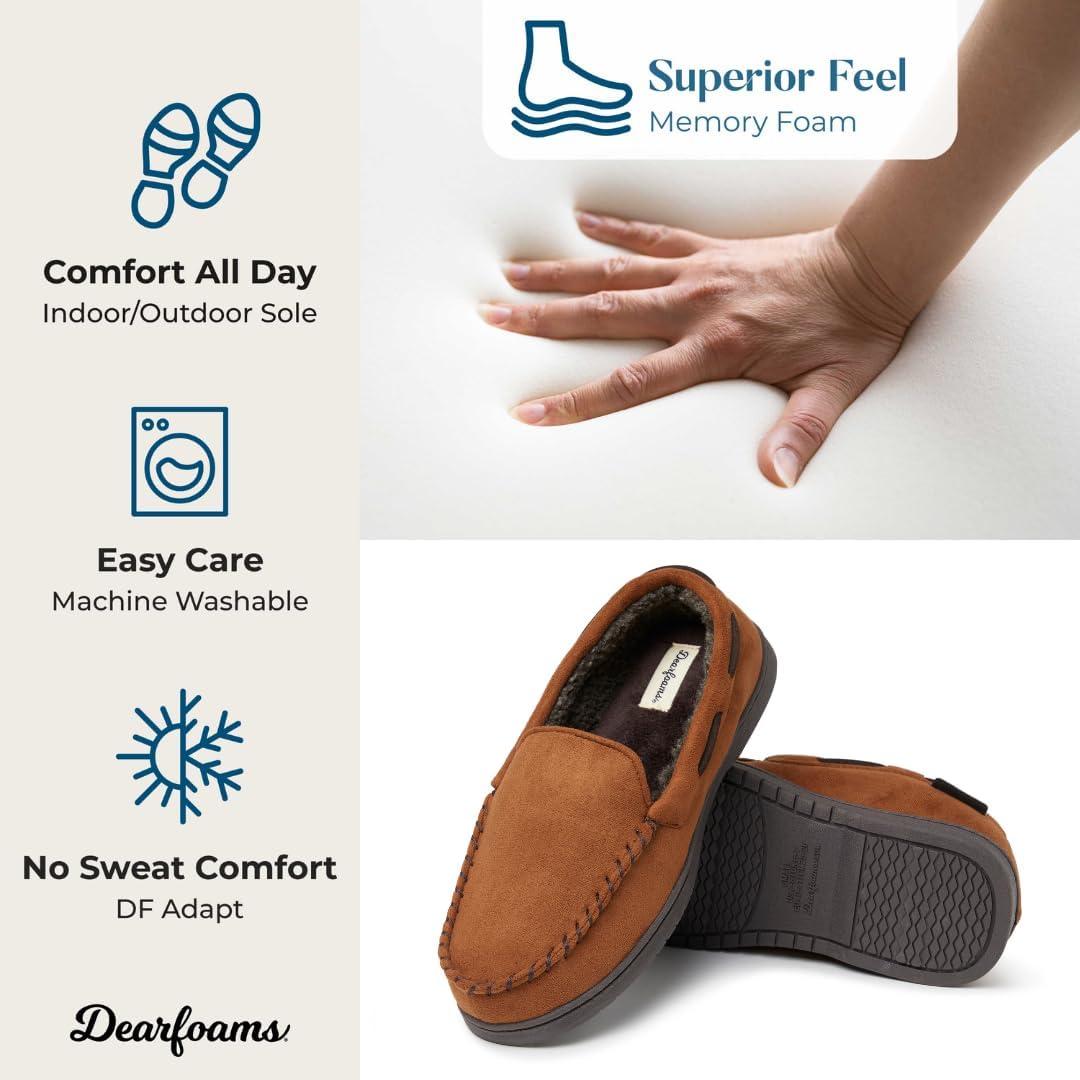 imageDearfoams mens Keaton Memory Foam Indoor Outdoor Moccasin With Wide Widths SlipperChestnut Microsuede