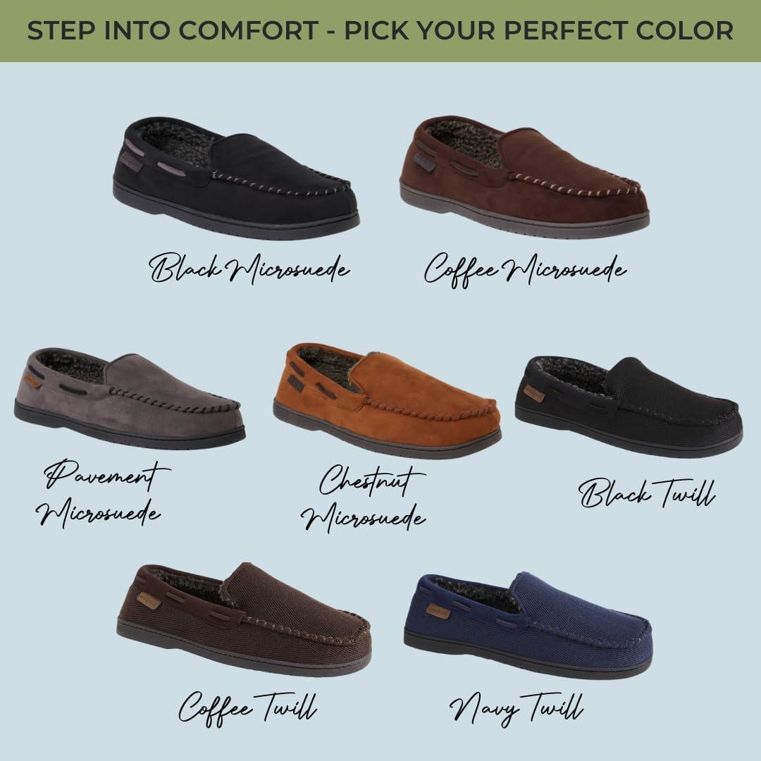 imageDearfoams mens Keaton Memory Foam Indoor Outdoor Moccasin With Wide Widths SlipperNavy Twill