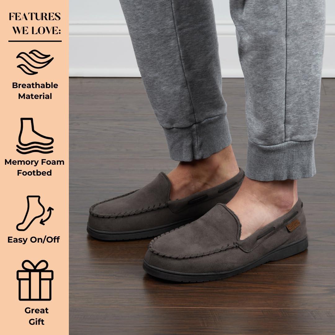 imageDearfoams mens Keaton Memory Foam Indoor Outdoor Moccasin With Wide Widths SlipperNavy Twill